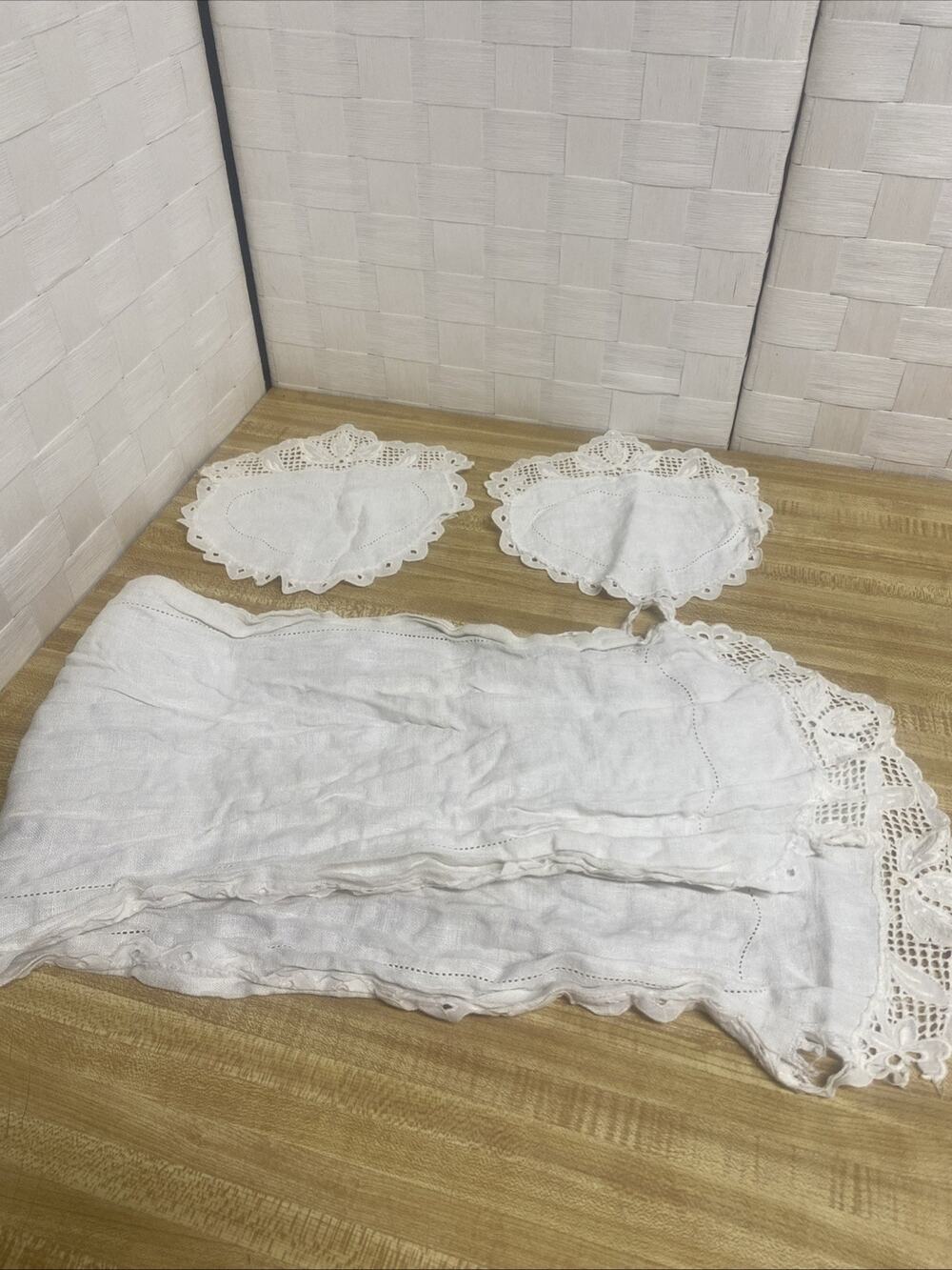 Set Of 3 Handmade White Cotton Floral Eyelet Doilies- 1 Long, 2 Roundish